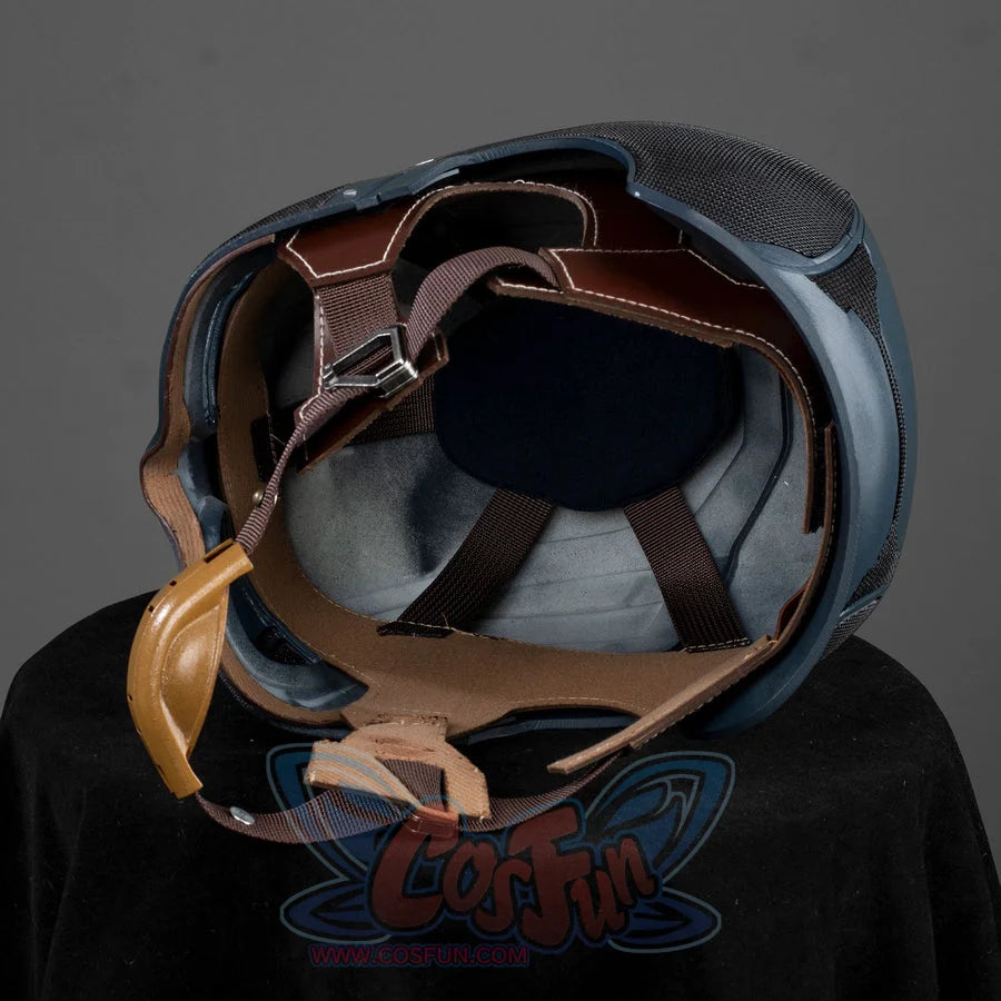 Captain Steve Rogers cosplay helmet opens the helmet interior toward the brown strap frame.
