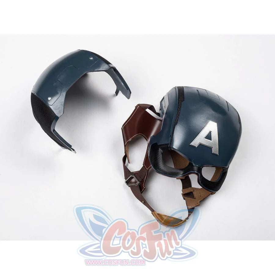 Captain Steve Rogers cosplay helmet lays helmet shell and face guard pieces side by side.