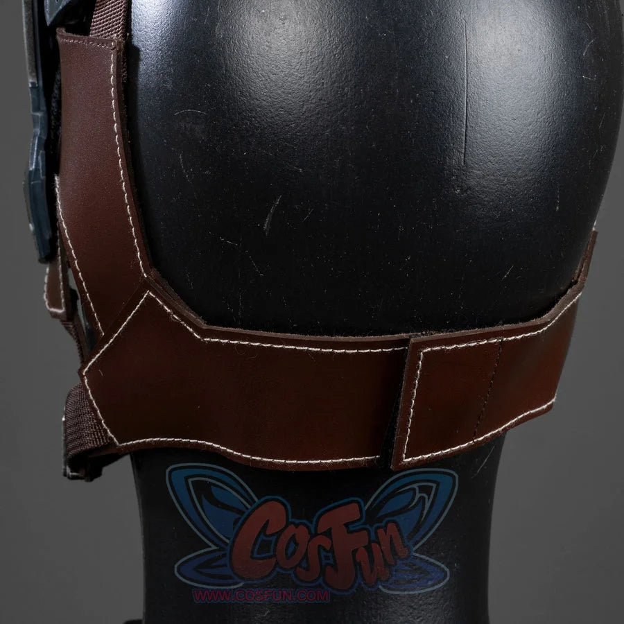 Captain Steve Rogers cosplay helmet frames the brown rear strap panel and stitched edges.