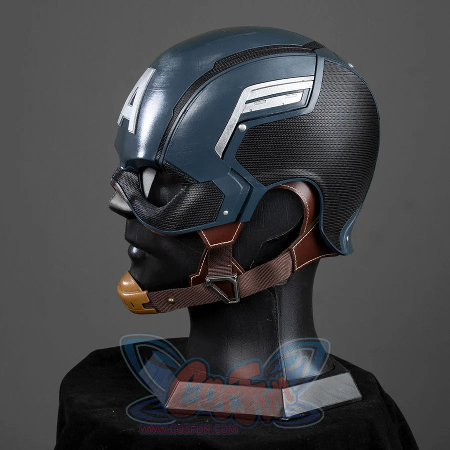 Captain Steve Rogers cosplay helmet profiles blue shell panels beside brown chin straps.