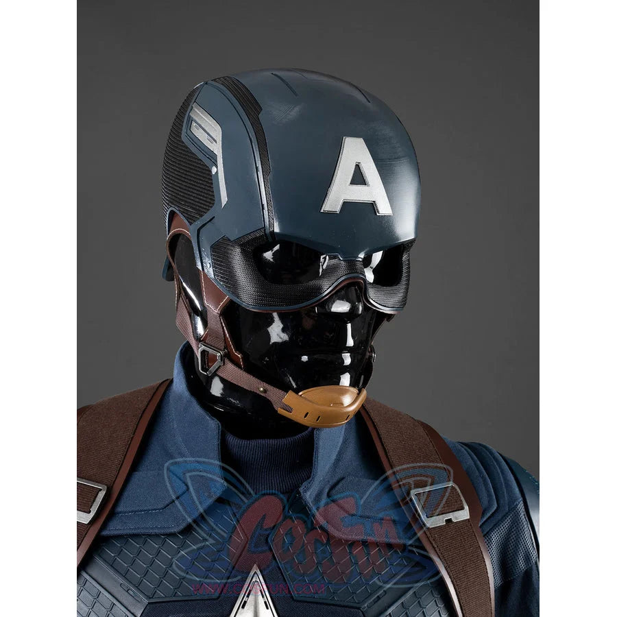 Captain Steve Rogers cosplay helmet sets the helmet above the matching chest armor view.