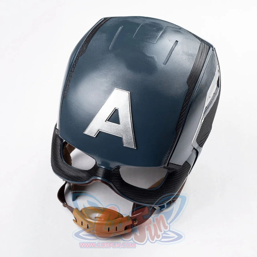 Captain Steve Rogers cosplay helmet sets the A emblem over blue panels and black visor trim.