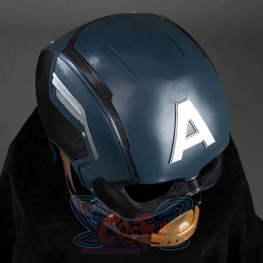 Captain Steve Rogers cosplay helmet tilts the blue crown around the raised silver A emblem.
