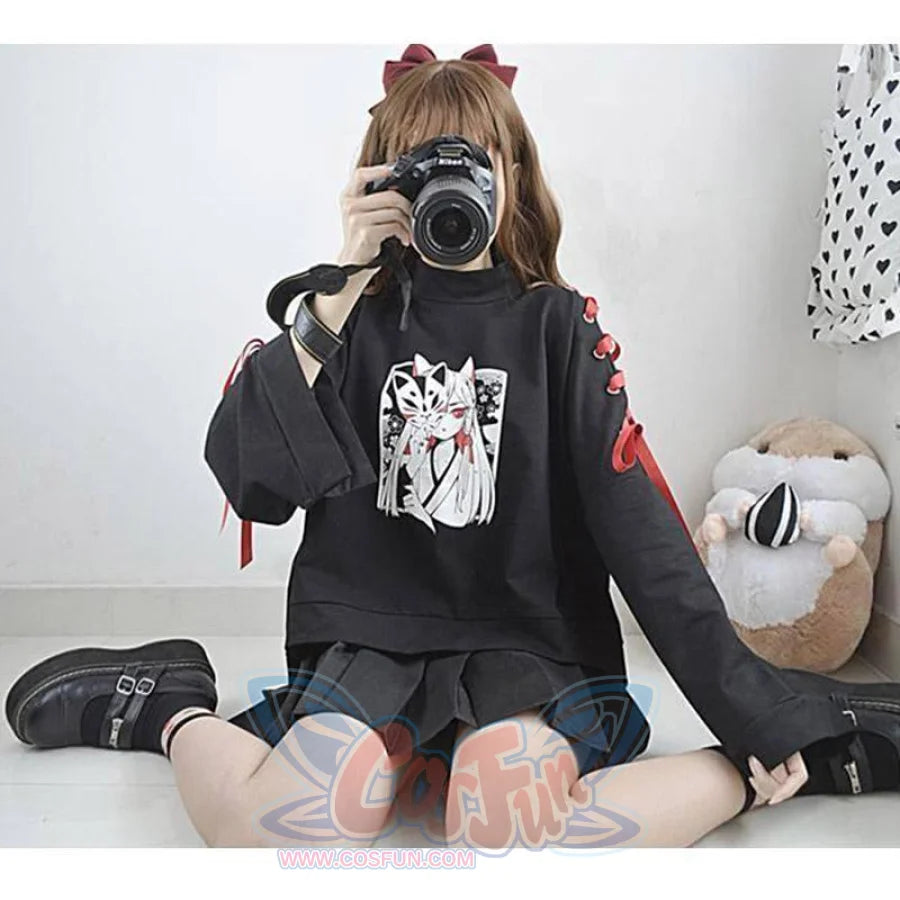 Cartoon Fox Print Lacing Short Sweatshirt Spring Sweater Mp005889
