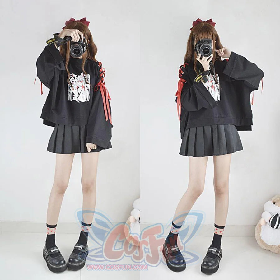 Cartoon Fox Print Lacing Short Sweatshirt Spring Sweater Mp005889