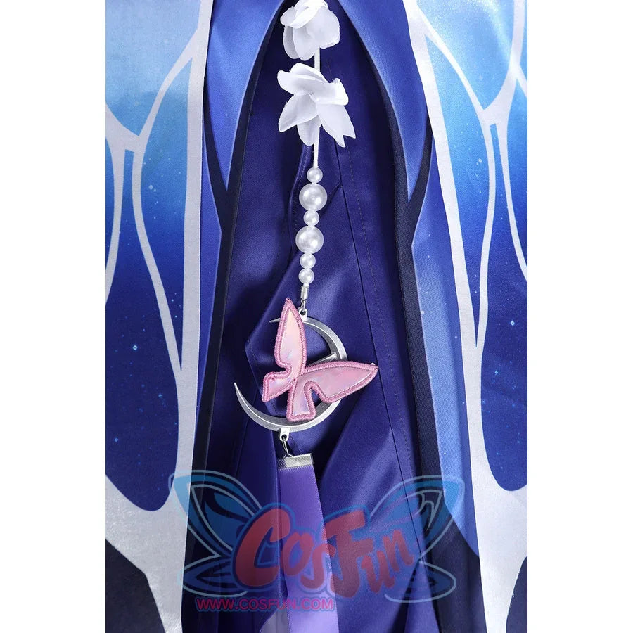 Back chain detail of Castorice cosplay costume with white flower links, pearl beads, and pink butterfly charm