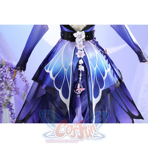 Back view of Castorice cosplay costume overskirt with blue white wing print, black belt, and hanging chain