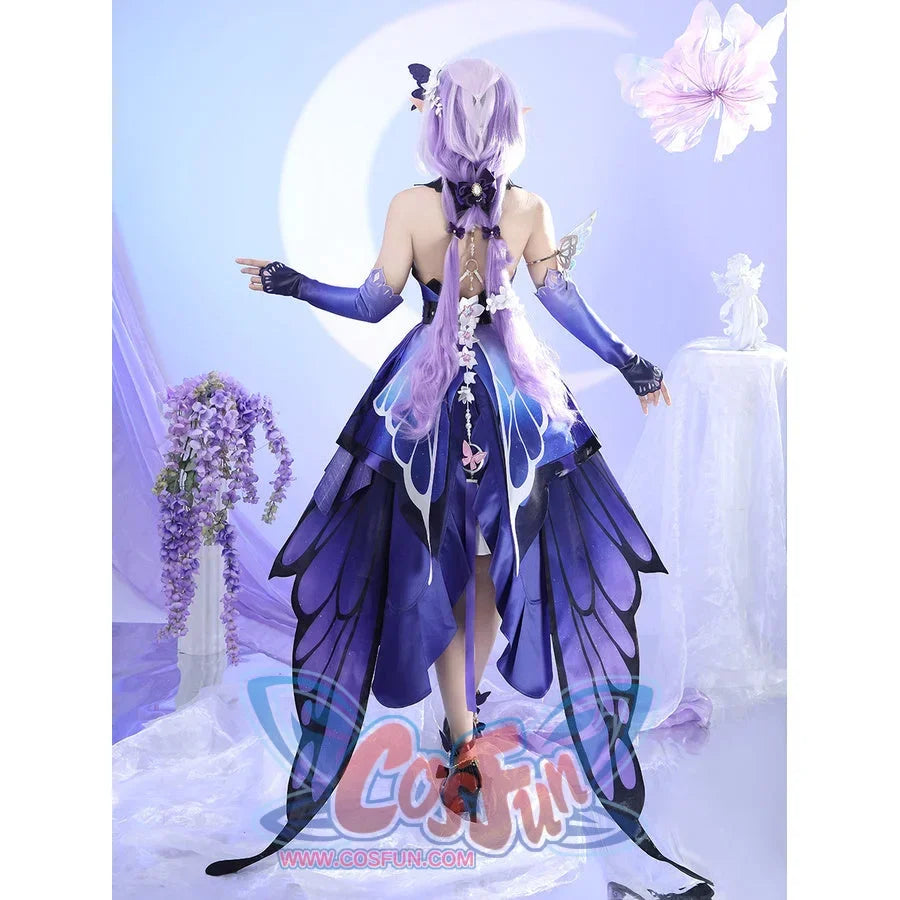 Back view of Castorice cosplay costume with purple skirt panels, black collar, back chain, ribbons, and butterfly overskirt