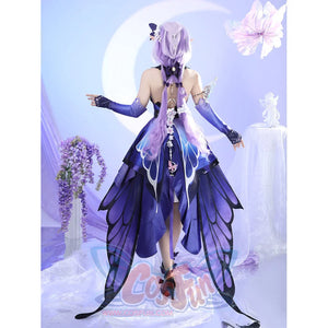 Back view of Castorice cosplay costume with purple skirt panels, black collar, back chain, ribbons, and butterfly overskirt