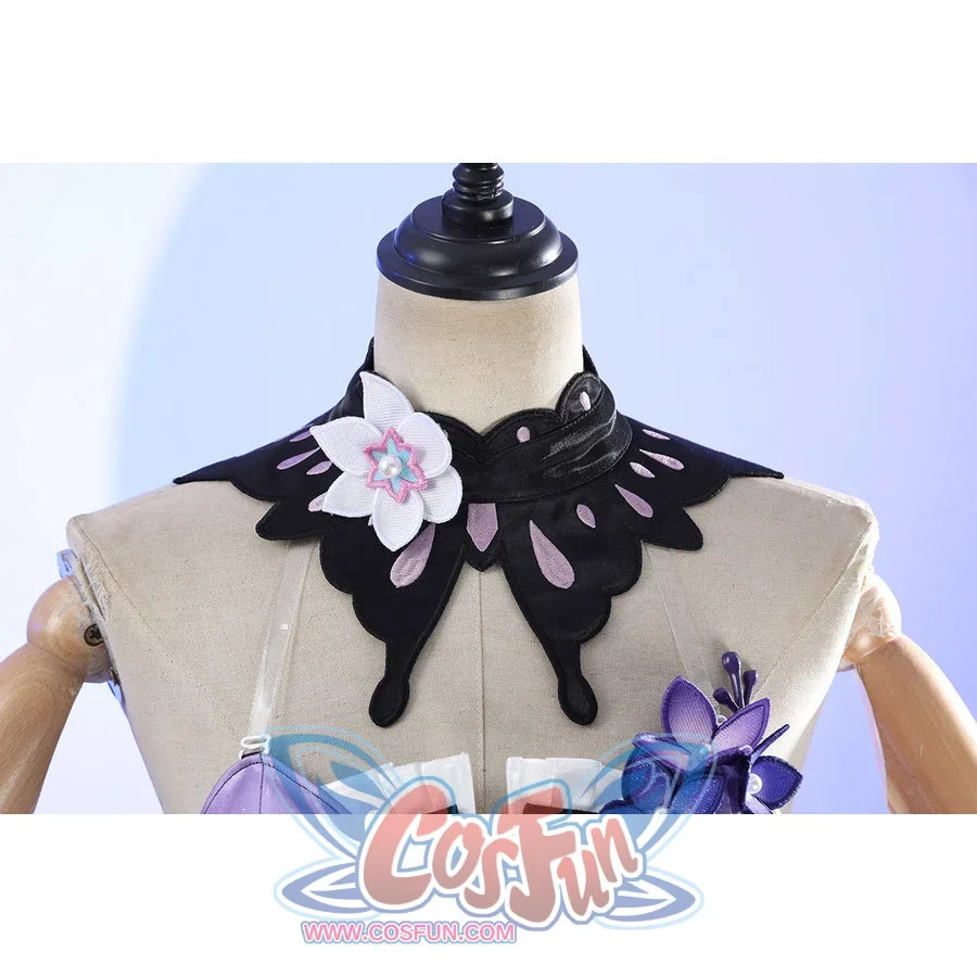 Front detail of Castorice cosplay costume collar with black petal trim, white flower, and purple bodice straps