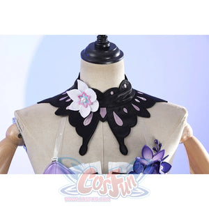Front detail of Castorice cosplay costume collar with black petal trim, white flower, and purple bodice straps