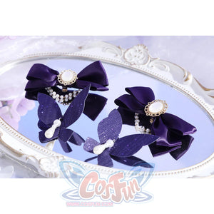 Flat lay of Castorice cosplay costume bow accessories with purple ribbons, pearl chains, and white butterfly accents