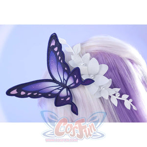 Close-up of Castorice cosplay costume butterfly headpiece with purple wings, black outline, and white floral branch