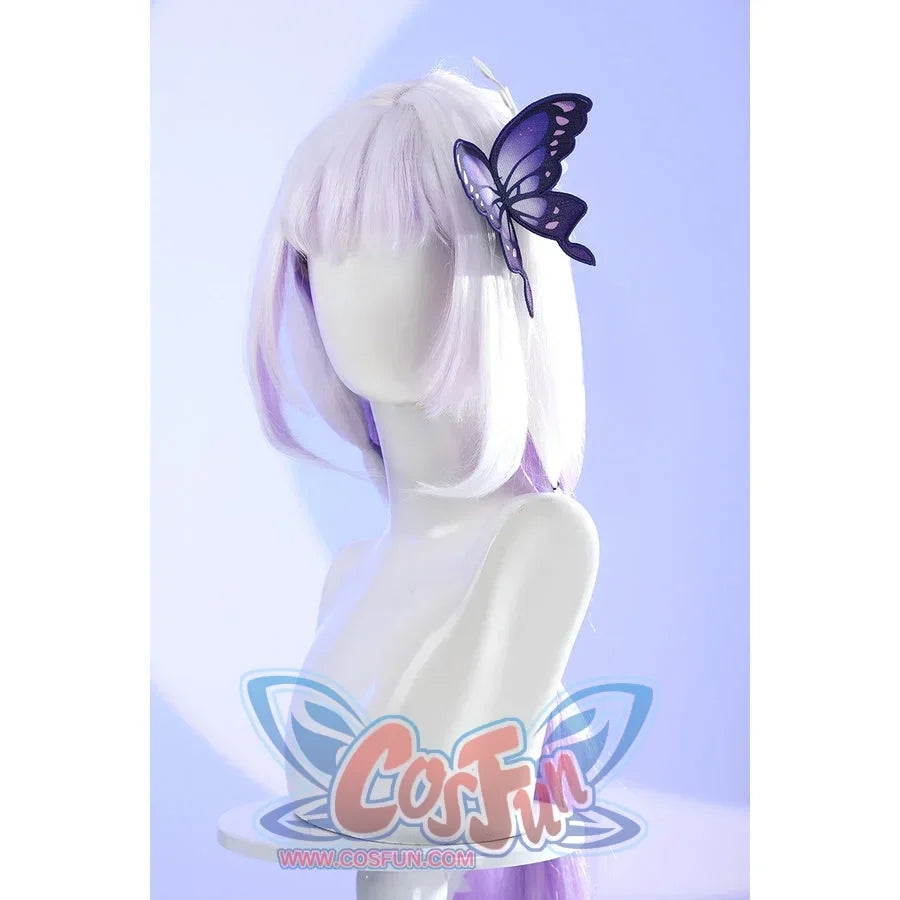 Side view of Castorice cosplay costume butterfly headpiece with purple wings and white floral accents displayed on white hair