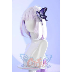 Side view of Castorice cosplay costume butterfly headpiece with purple wings and white floral accents displayed on white hair