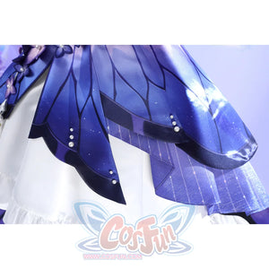 Overskirt detail of Castorice cosplay costume with purple butterfly wing panels, white line print, and dark scalloped edge