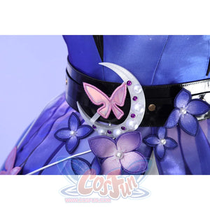 Waist detail of Castorice cosplay costume with pink butterfly charm, white crescent accent, purple flowers, and belt