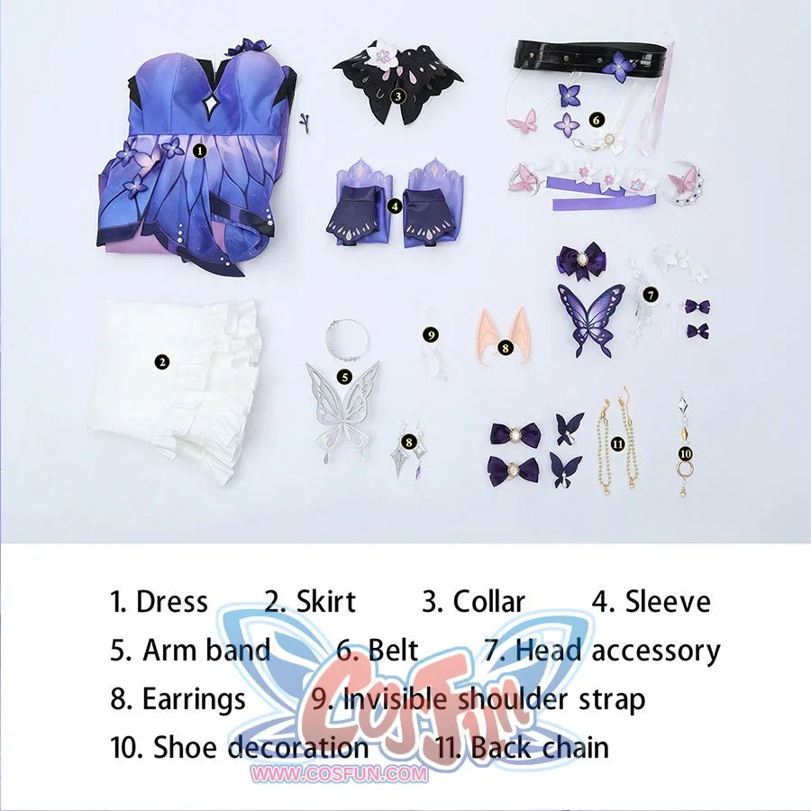 Flat lay of Castorice cosplay costume full set with dress, skirt, collar, sleeves, belt, earrings, and hair accessories