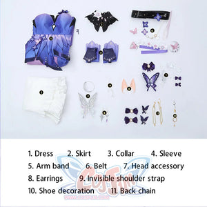 Flat lay of Castorice cosplay costume full set with dress, skirt, collar, sleeves, belt, earrings, and hair accessories