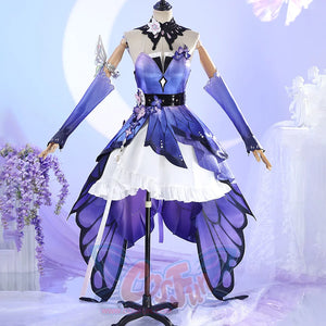 Mannequin front view of Castorice cosplay costume with purple bodice, white ruffle skirt, black belt, and overskirt
