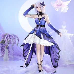 Front view of Castorice cosplay costume with purple dress, black collar, white skirt, butterfly overskirt, and gloves