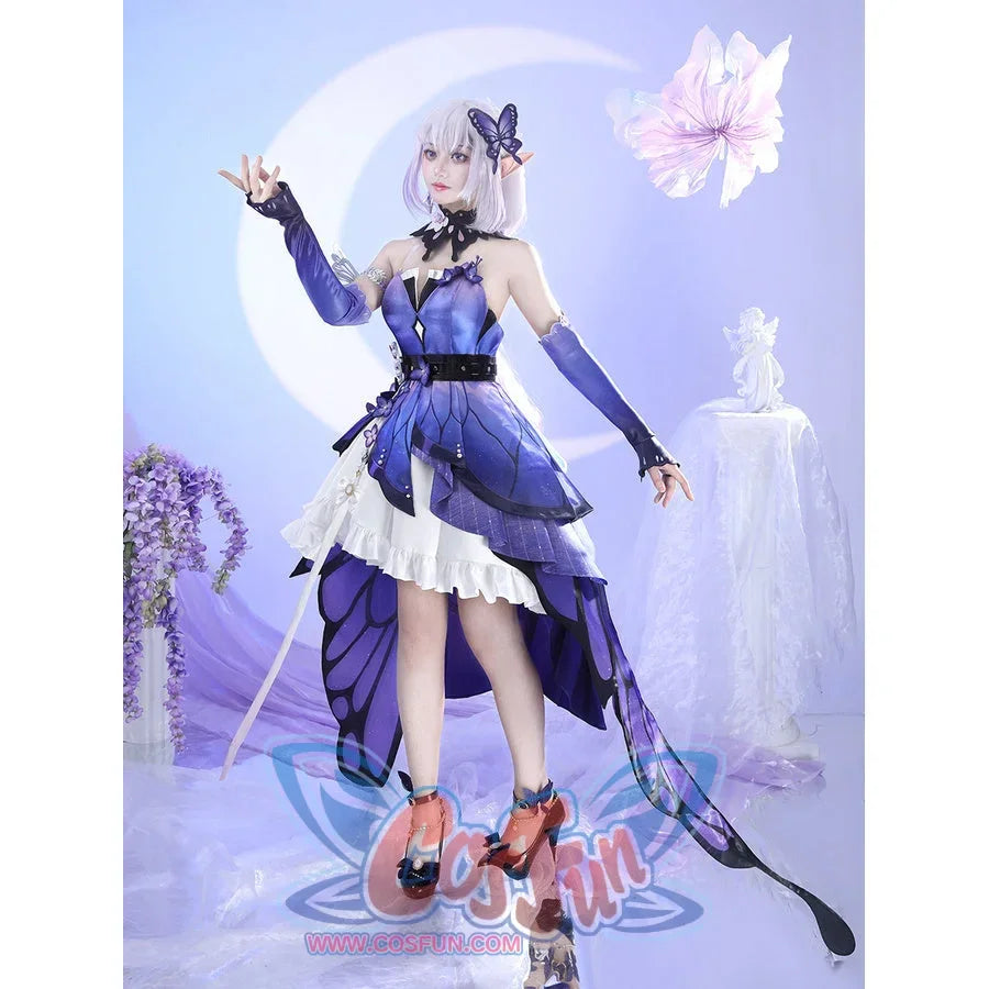 Model full view of Castorice cosplay costume with purple dress, white skirt, gloves, headpiece, and butterfly panels