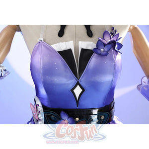 Bodice close-up of Castorice cosplay costume with purple bust, black waist belt, white neckline ruffle, and flower accent