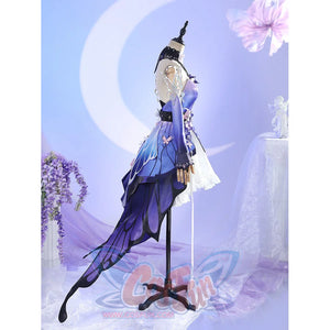 Side view of Castorice cosplay costume with purple layered skirt, white underskirt, black collar, glove, and long panel
