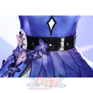 Waist close-up of Castorice cosplay costume with black belt, purple flowers, white diamond motif, and pleated skirt