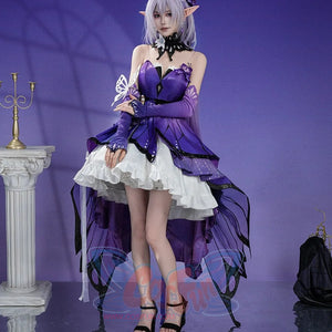 Honkai: Star Rail Castorice Gossamer Flutter cosplay costume includes a purple butterfly dress beside white skirt layers.
