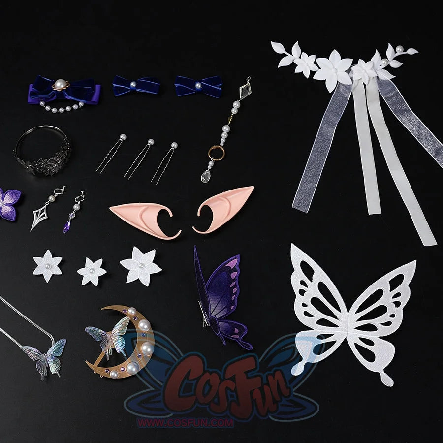 Honkai: Star Rail Castorice Gossamer Flutter cosplay costume sets butterfly ornaments pearl-like pins and elf ear pieces.