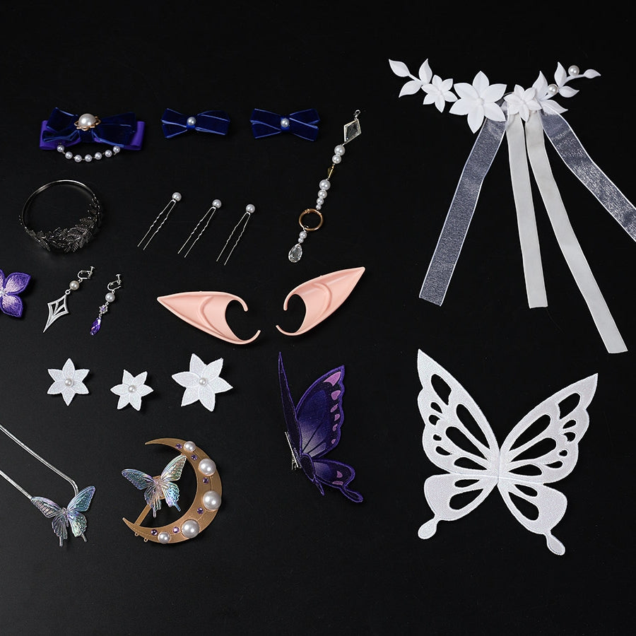 Honkai: Star Rail Castorice Gossamer Flutter cosplay costume sets butterfly ornaments pearl-like pins and elf ear pieces.