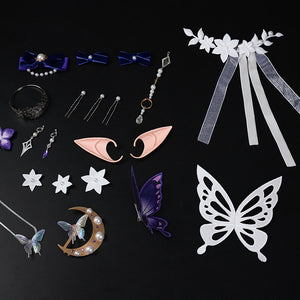 Honkai: Star Rail Castorice Gossamer Flutter cosplay costume sets butterfly ornaments pearl-like pins and elf ear pieces.