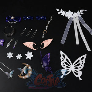 Honkai: Star Rail Castorice Gossamer Flutter cosplay costume sets butterfly ornaments pearl-like pins and elf ear pieces.