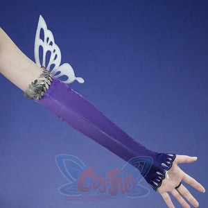 Honkai: Star Rail Castorice Gossamer Flutter cosplay costume sleeve anchors a silver-tone leaf band and butterfly wing.