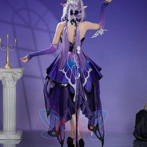 Honkai: Star Rail Castorice Gossamer Flutter cosplay costume presents intricate back layers and wing accents on the dress.