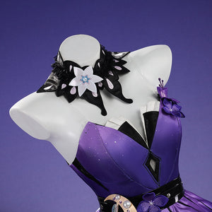Honkai: Star Rail Castorice Gossamer Flutter cosplay costume presents an intricate black choker piece atop a purple bodice.