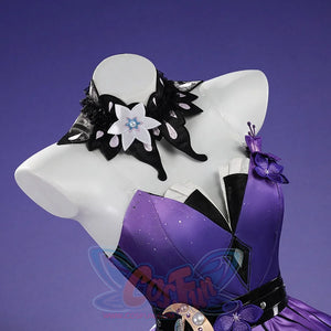 Honkai: Star Rail Castorice Gossamer Flutter cosplay costume presents an intricate black choker piece atop a purple bodice.