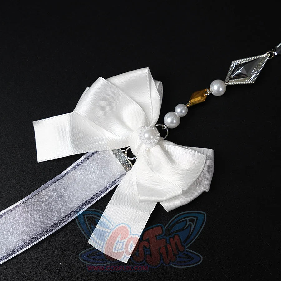 Honkai: Star Rail Castorice Gossamer Flutter cosplay costume sets this white satin bow draped beside pearl-like bead chains.