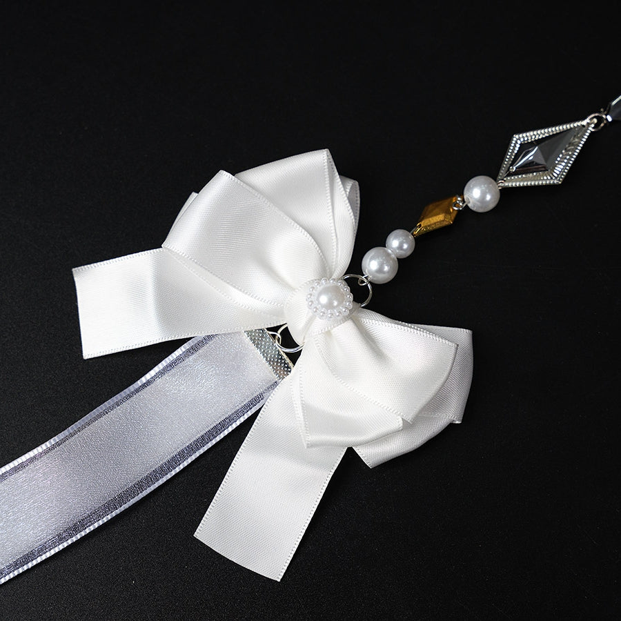 Honkai: Star Rail Castorice Gossamer Flutter cosplay costume sets this white satin bow draped beside pearl-like bead chains.