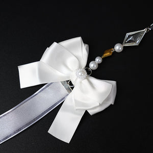Honkai: Star Rail Castorice Gossamer Flutter cosplay costume sets this white satin bow draped beside pearl-like bead chains.