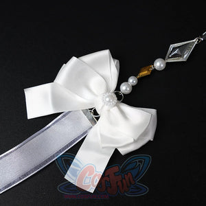 Honkai: Star Rail Castorice Gossamer Flutter cosplay costume sets this white satin bow draped beside pearl-like bead chains.