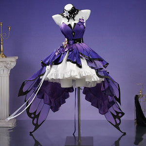 Honkai: Star Rail Castorice Gossamer Flutter cosplay costume centers purple butterfly wings and a layered white ruffle skirt.