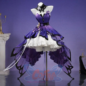Honkai: Star Rail Castorice Gossamer Flutter cosplay costume centers purple butterfly wings and a layered white ruffle skirt.