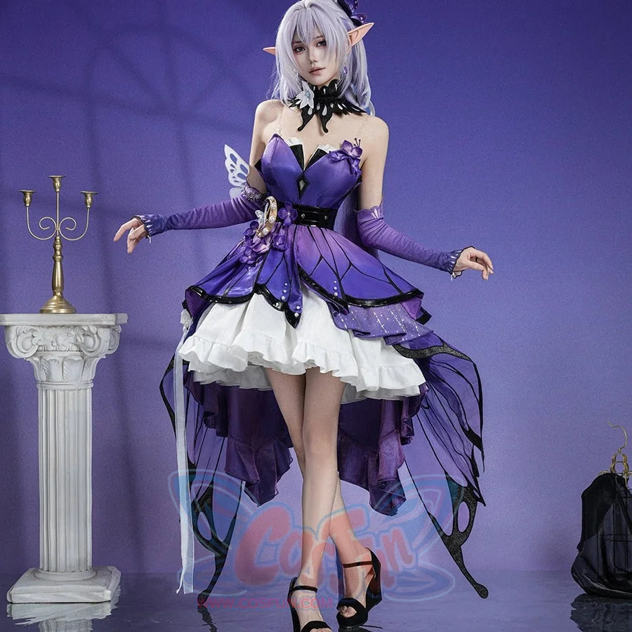 Honkai: Star Rail Castorice Gossamer Flutter cosplay costume presents a layered purple dress beside butterfly wing accents.