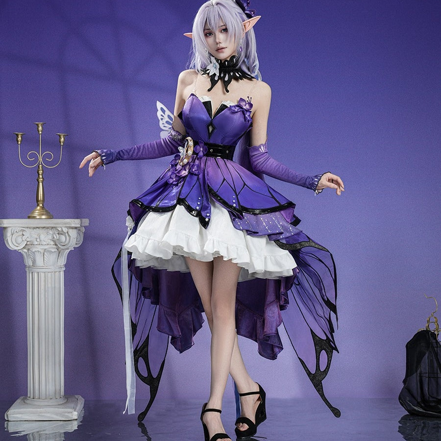 Honkai: Star Rail Castorice Gossamer Flutter cosplay costume presents a layered purple dress beside butterfly wing accents.