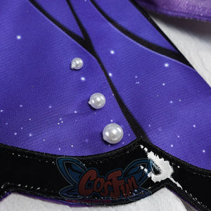 Honkai: Star Rail Castorice Gossamer Flutter cosplay costume presents purple fabric beside stars and white pearl-like beads.