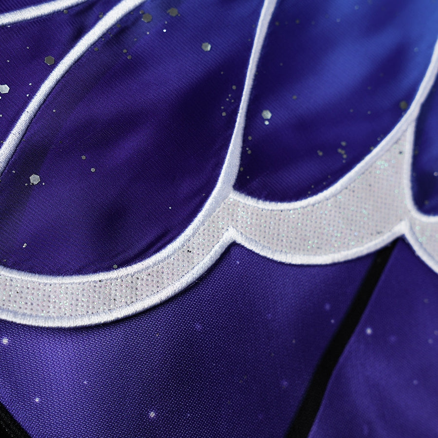 Honkai: Star Rail Castorice Gossamer Flutter cosplay costume fabric surface presents deep purple layers beside glitter trim.