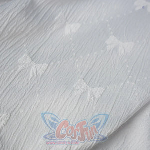 Honkai: Star Rail Castorice Gossamer Flutter cosplay costume white fabric texture beside embroidered bow patterns.