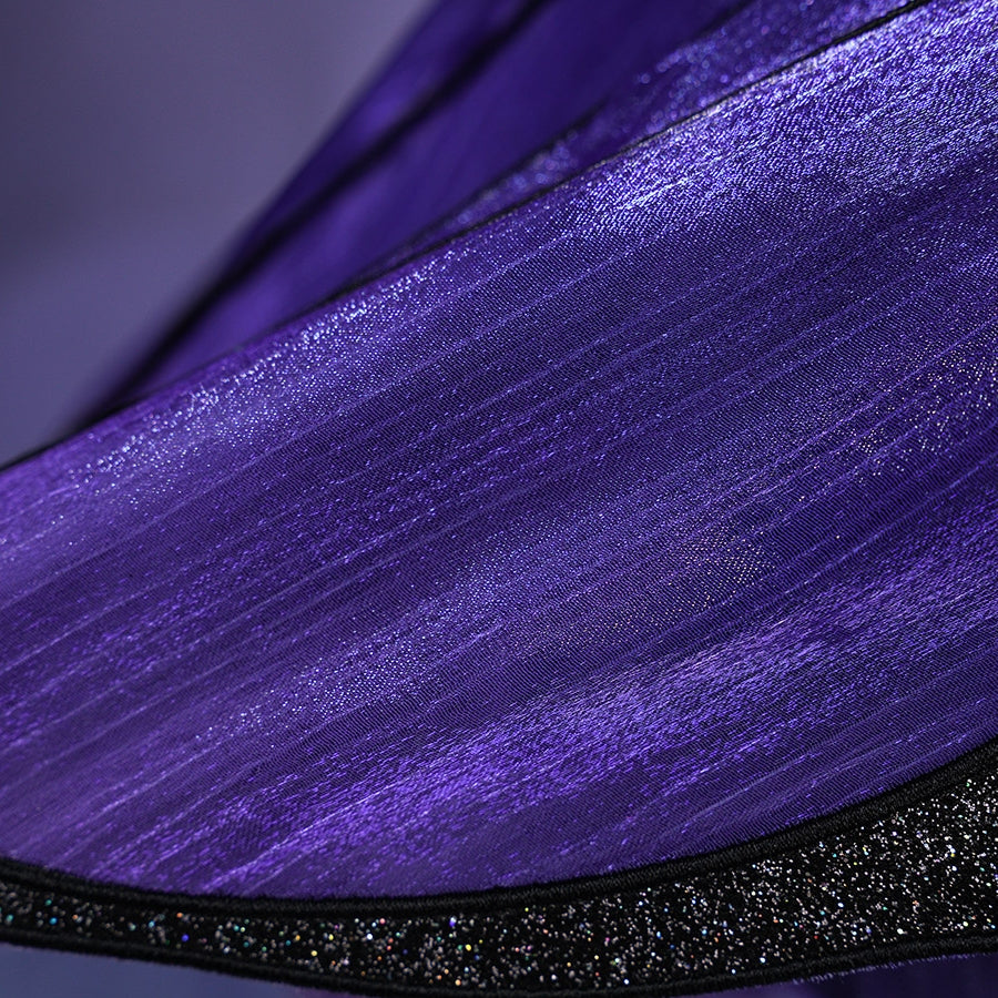 Honkai: Star Rail Castorice Gossamer Flutter cosplay costume sheer purple fabric texture and glittery black trim.